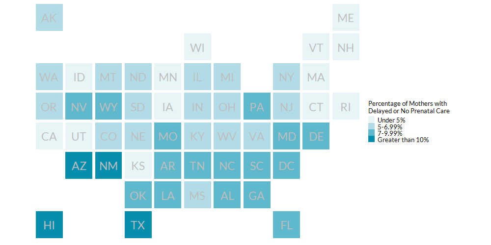 Percentage of Mothers With Delayed or No Prenatal Care by State, 2019