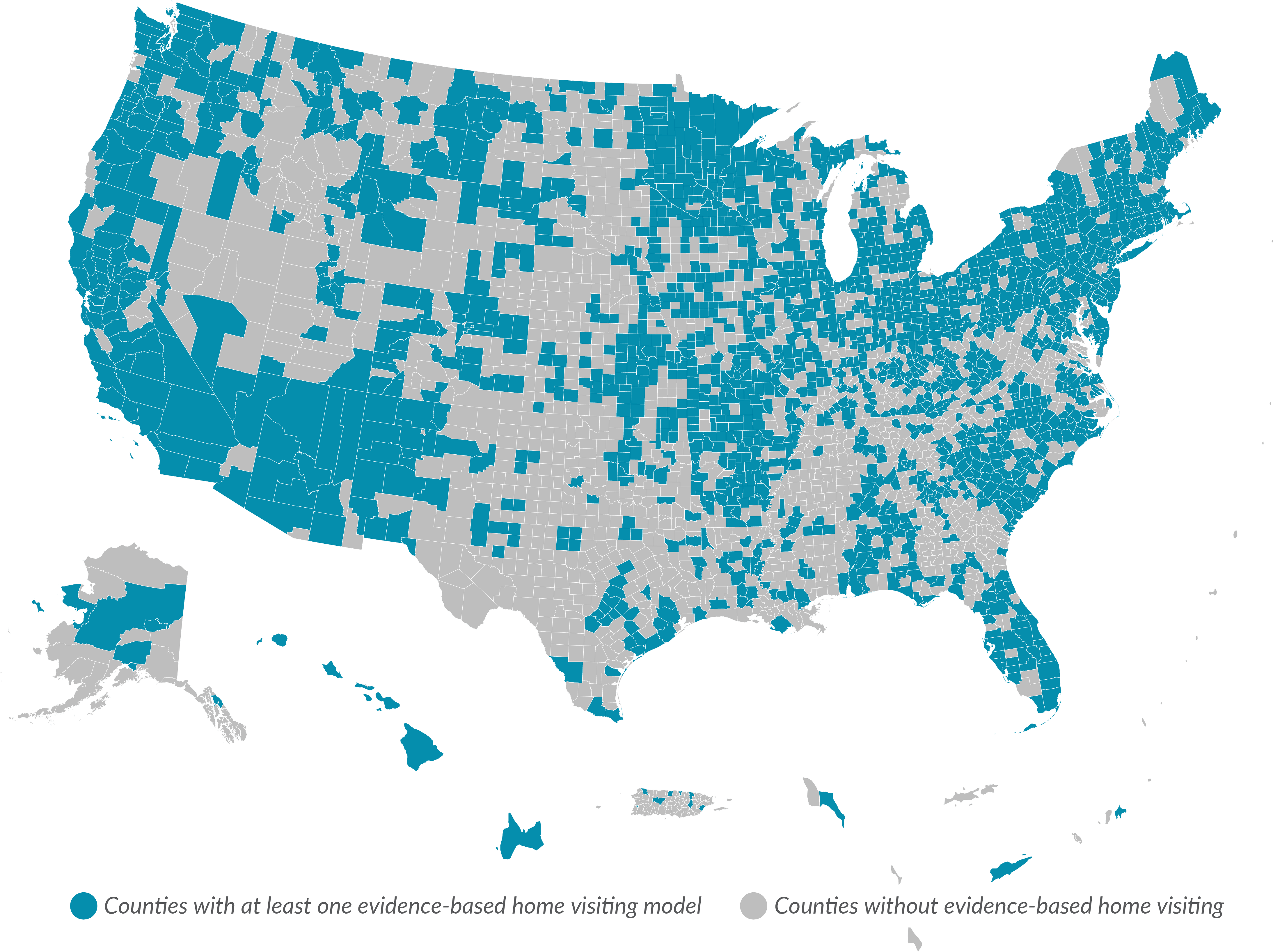 Map showing evidence-based home visiting by county. Counties with at least one evidence-based home visiting model are shaded blue.