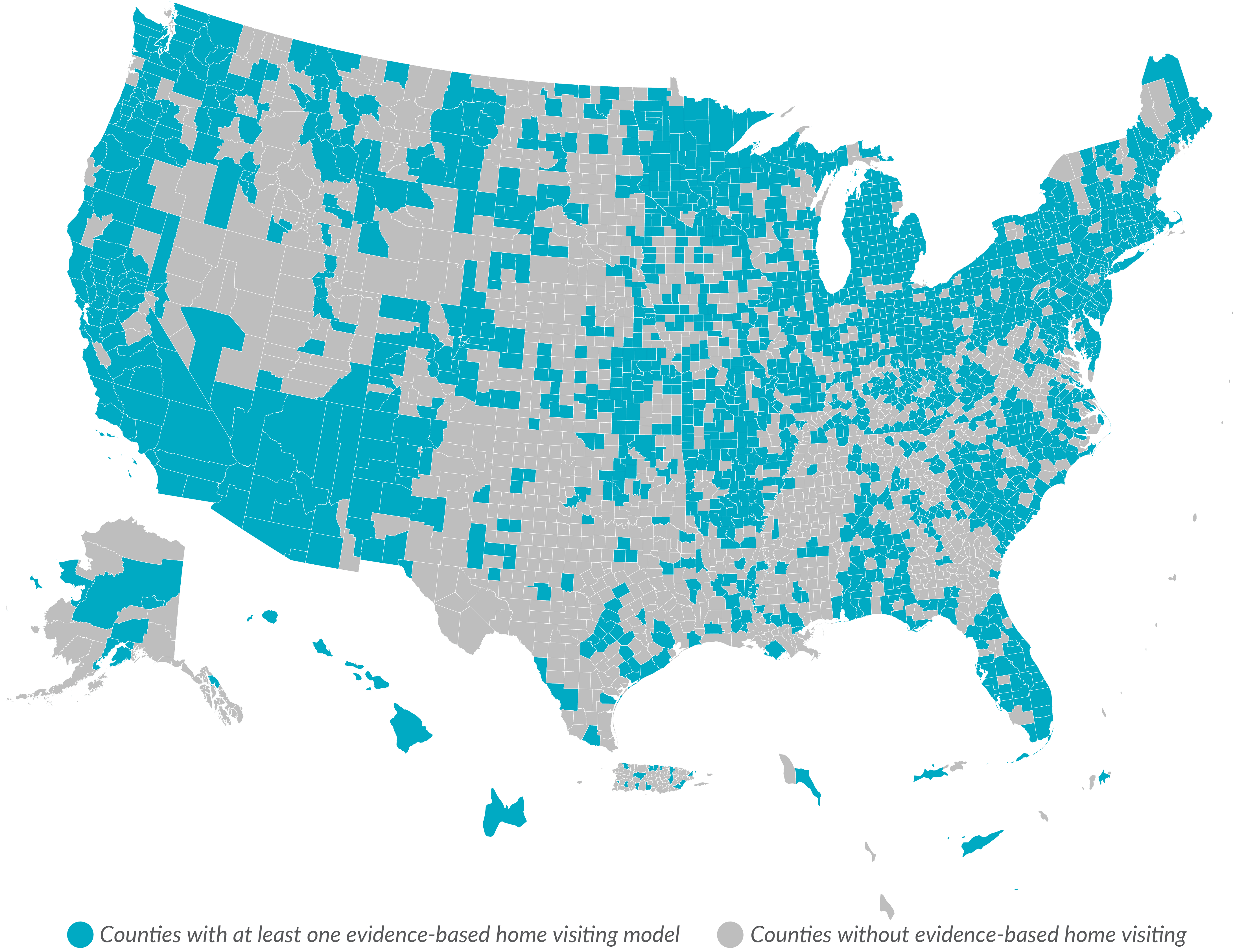 Map showing evidence-based home visiting by county. Counties with at least one evidence-based home visiting model are shaded blue.