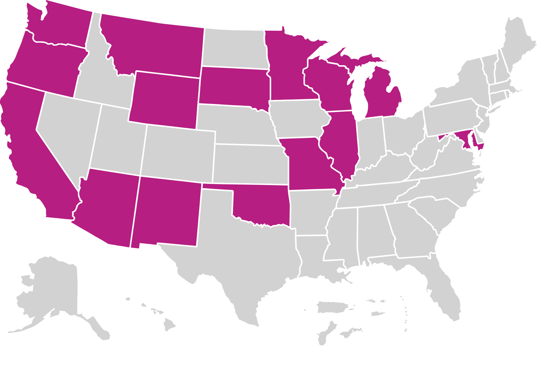 US map with Family Spirit service area highlighted