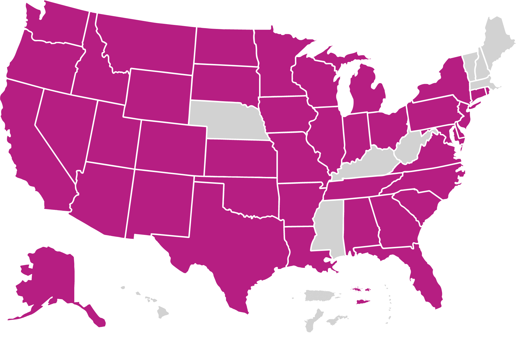 US map with Nurse-Family Partnership NFP service area highlighted