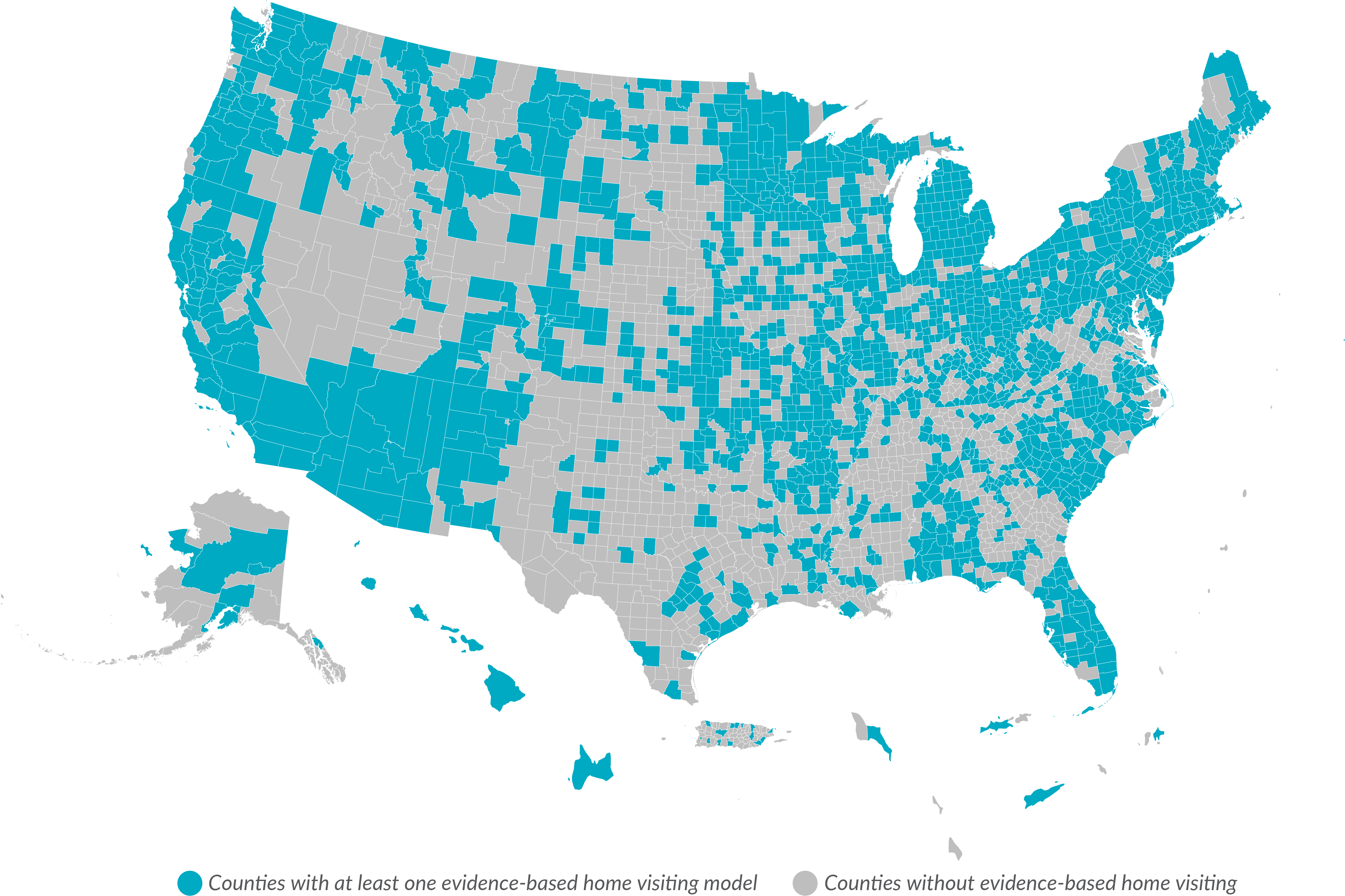 US map showing which counties offered evidence-based home visiting in 2020