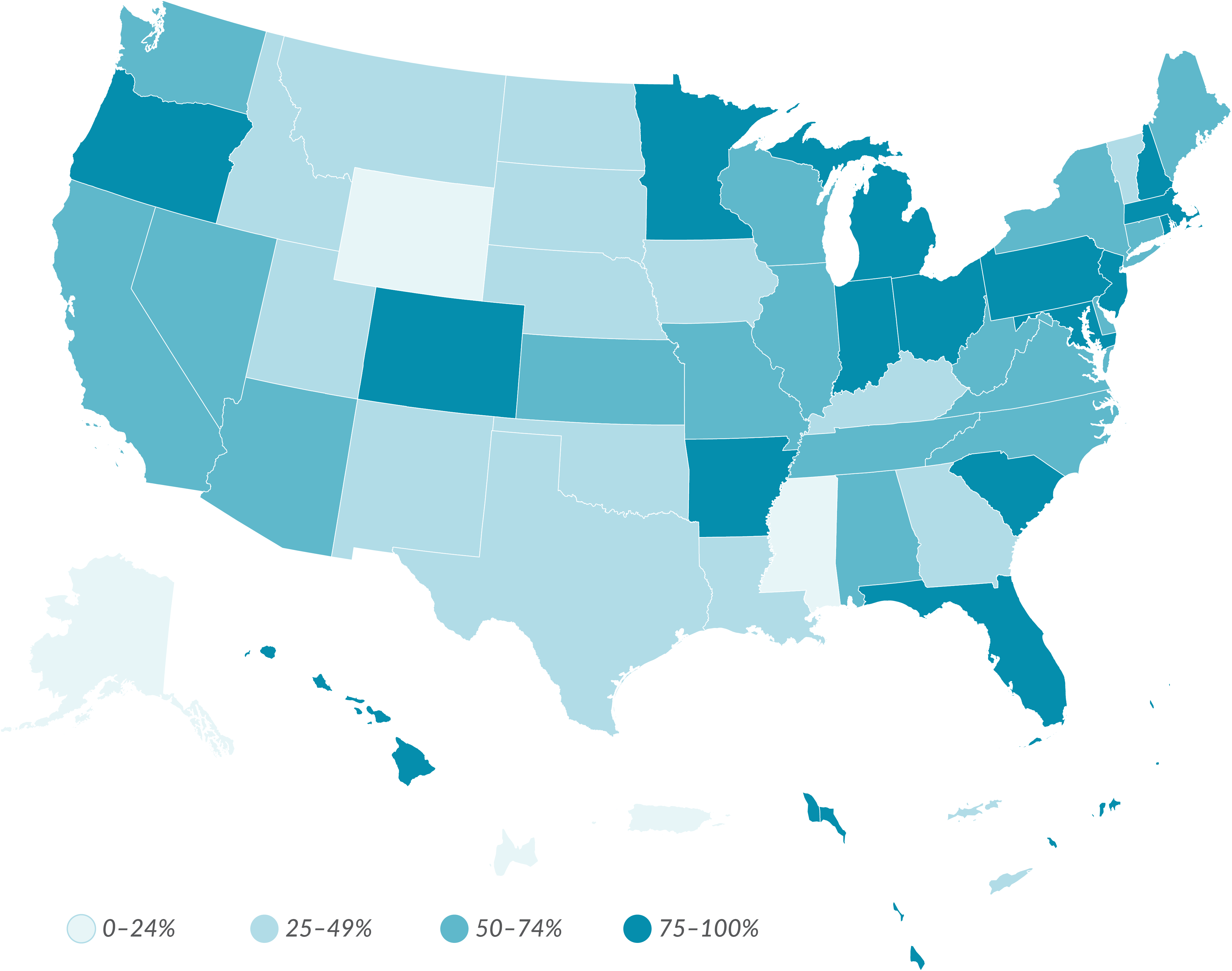US map depicting percentage of zip codes in which families receive evidence-based home visiting by state