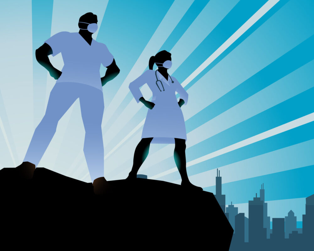 Animation of two doctors wearing masks and standing in superhero poses on top of a boulder