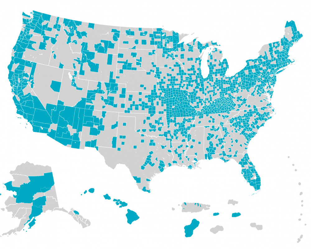 Tile map of US depicting home visiting's geographic reach