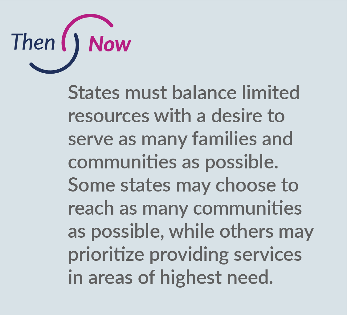 States must balance limited resources with a desire to serve as many families and communities as possible. Some states may choose to reach as many communities as possible, while others may prioritize providing services in areas of highest need.